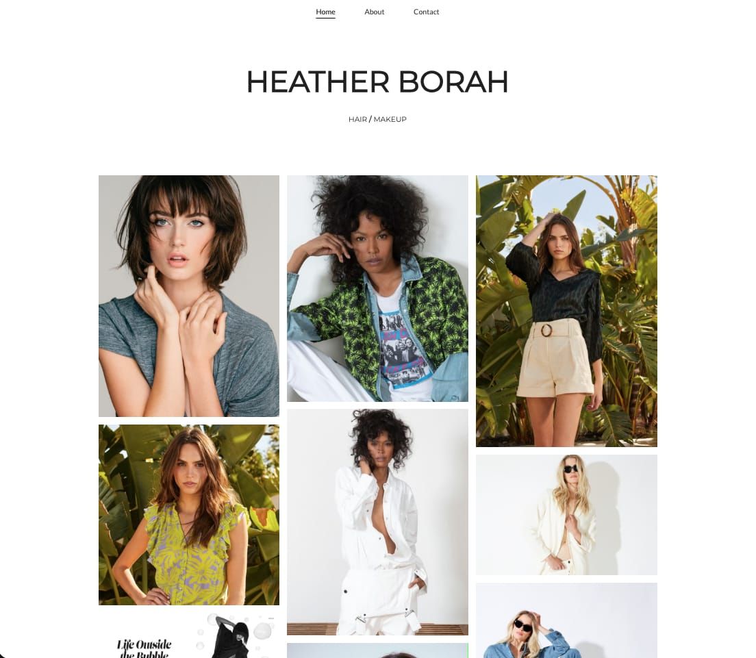 Heather Borah makeup artist homepage with masonry gallery for portfolio imagery